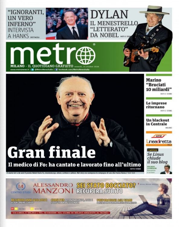 italian newspaper nobel Bob Dylan front cover