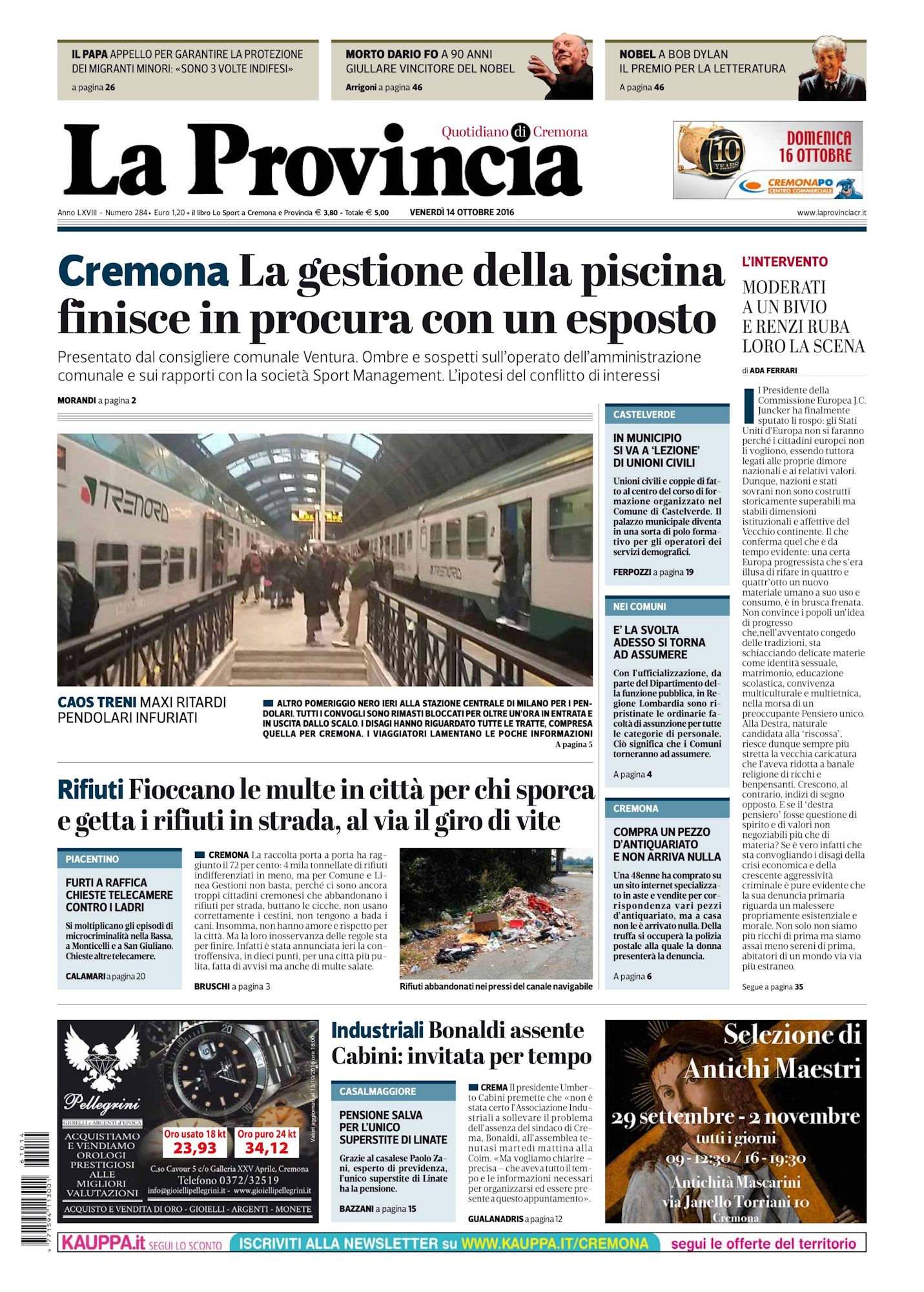 italian newspaper nobel Bob Dylan front cover