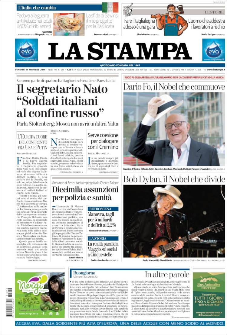 la stampa magazine Bob Dylan front cover
