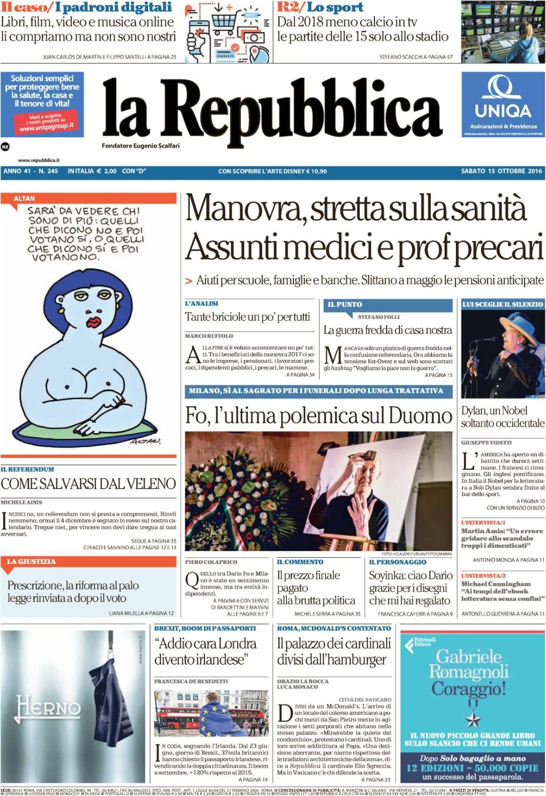 italian newspaper nobel Bob Dylan front cover