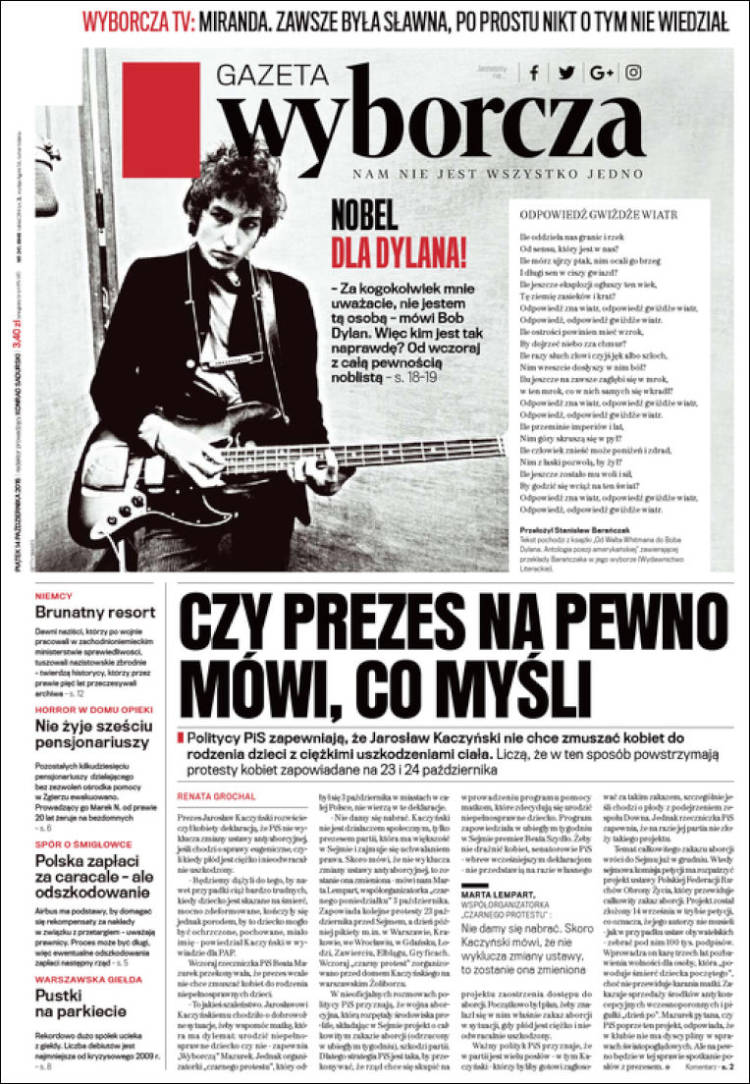 gazeta wyborcza magazine Bob Dylan front cover