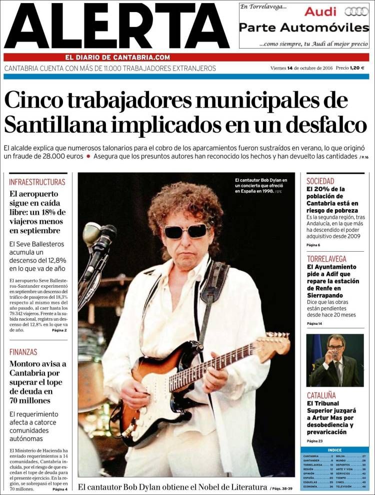 alerta cantabria magazine Bob Dylan front cover