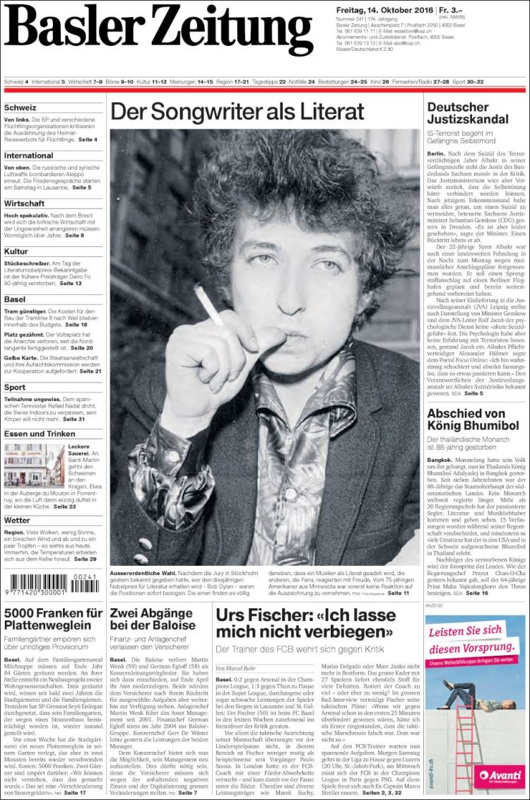 basler zeitung magazine Bob Dylan front cover