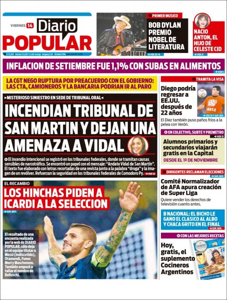 diario popular 2016 magazine Bob Dylan front cover