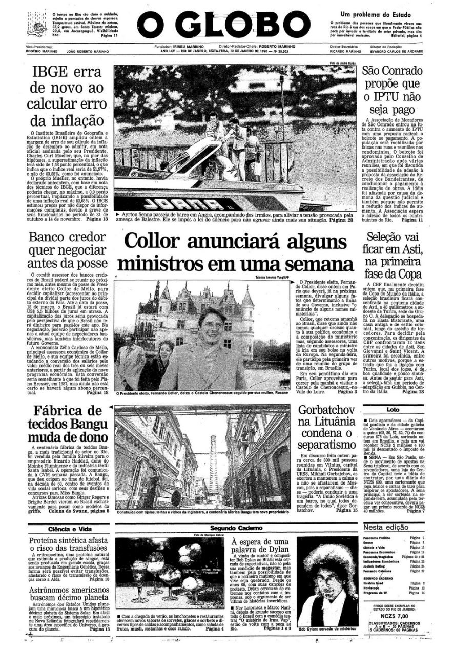 o globo 12 jan 1990 Bob Dylan front cover