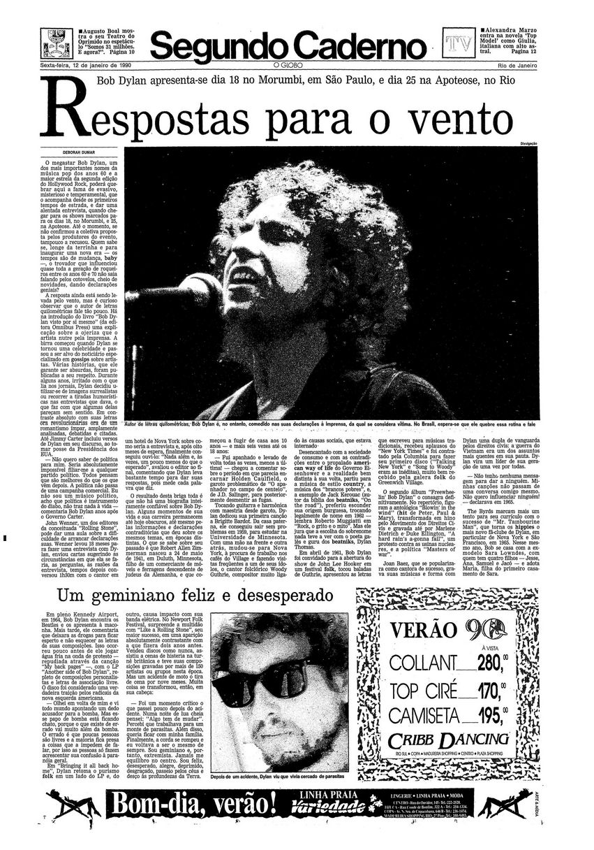 o globo 12 jan 1990 supplement Bob Dylan front cover