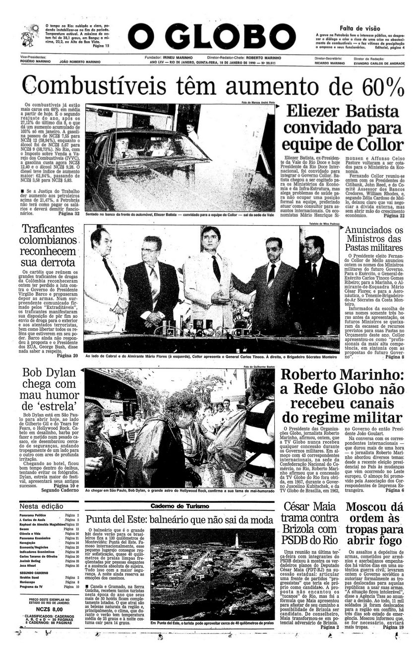 o globo 18 jan 1990 Bob Dylan front cover