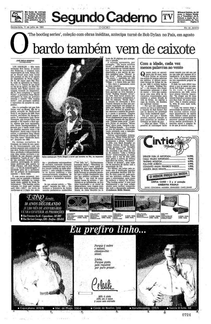 o globo 11 Jul 1991 supplement Bob Dylan front cover