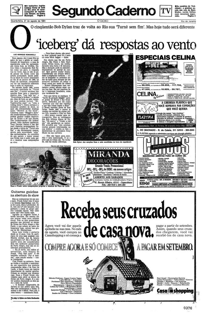 o globo 21 Aug 1991 supplement Bob Dylan front cover