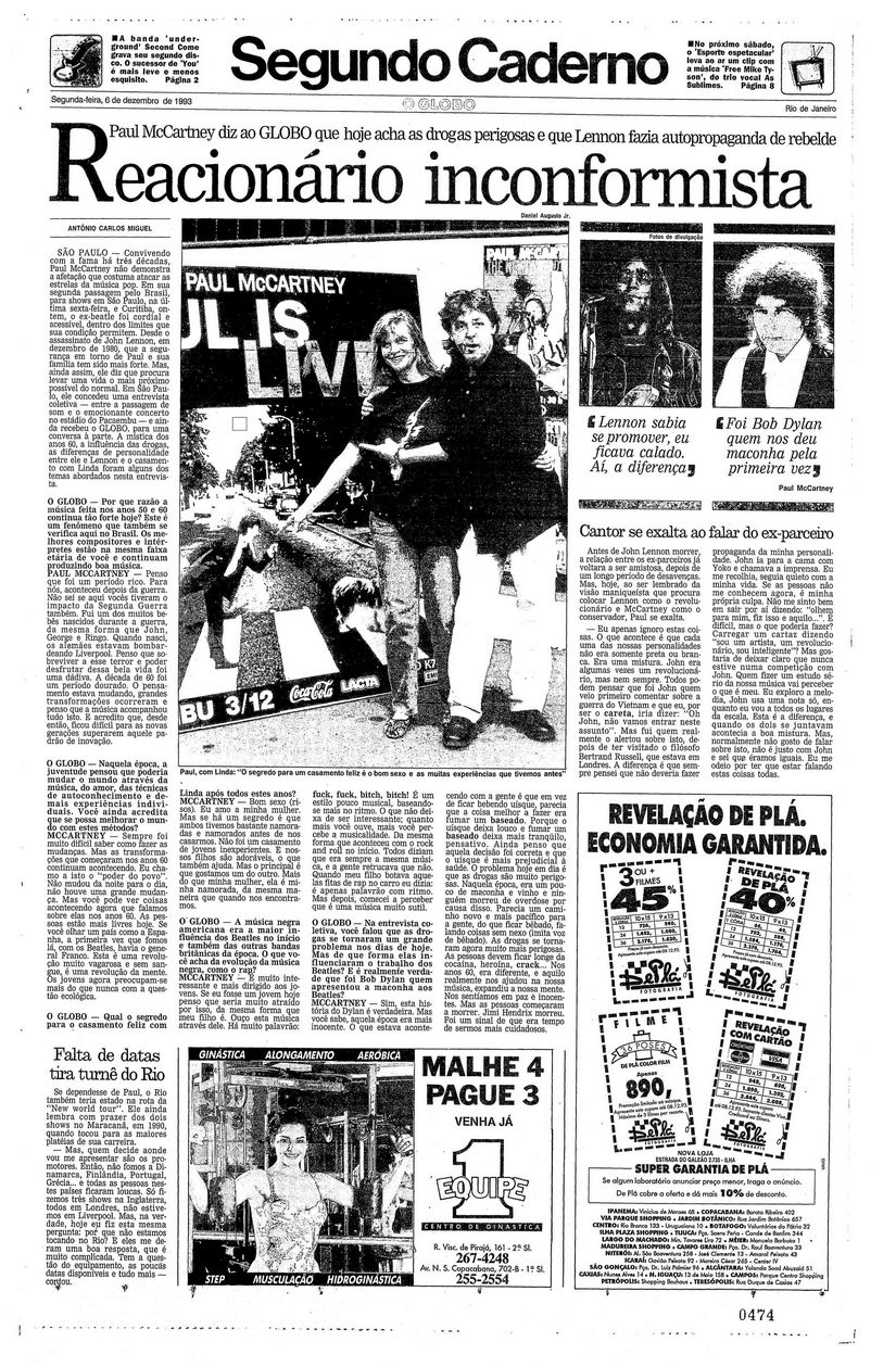 o globo 6 December 1993 supplement Bob Dylan front cover