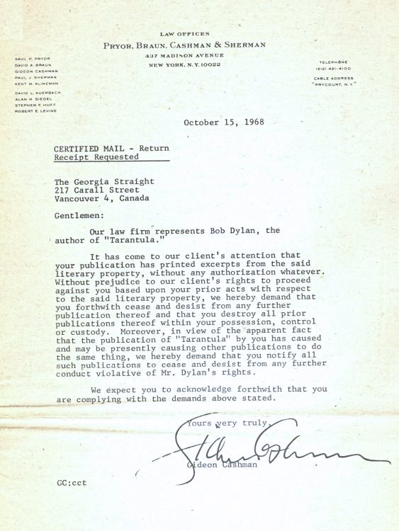 dylan's lawyers letter to georgia straight magazine about Bob Dylan tarantula