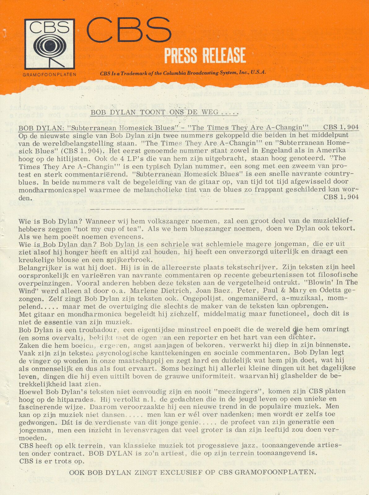 1965 7'' press release Bob Dylan front cover