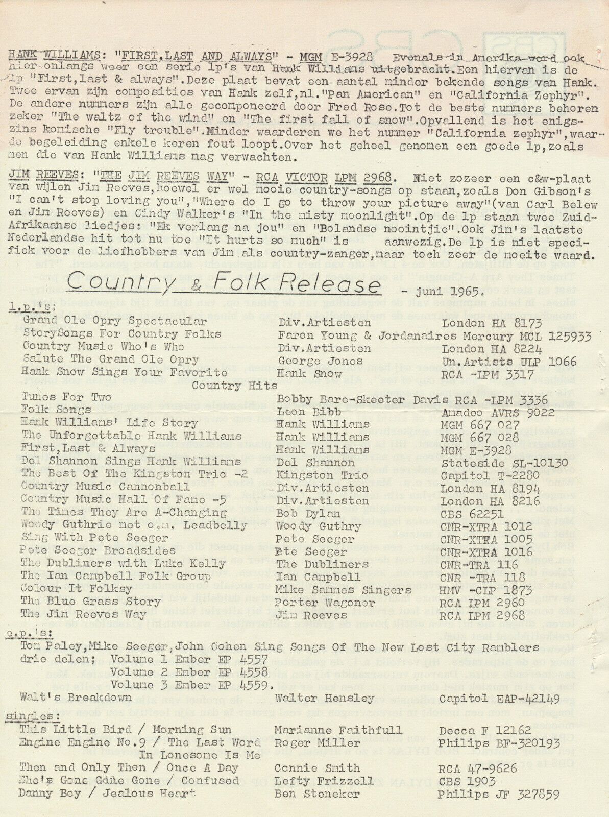 1965 7'' press release Bob Dylan front cover