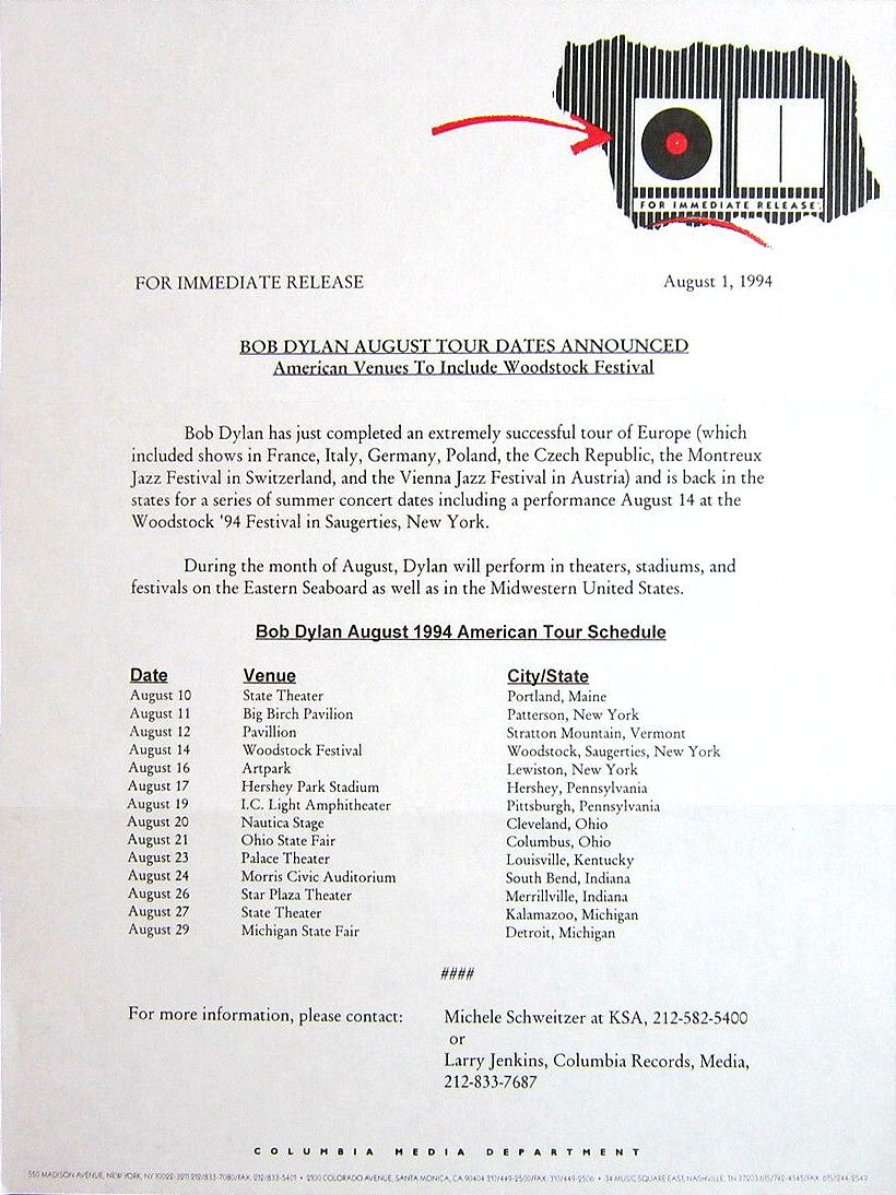 dylan august 1994 tour announced