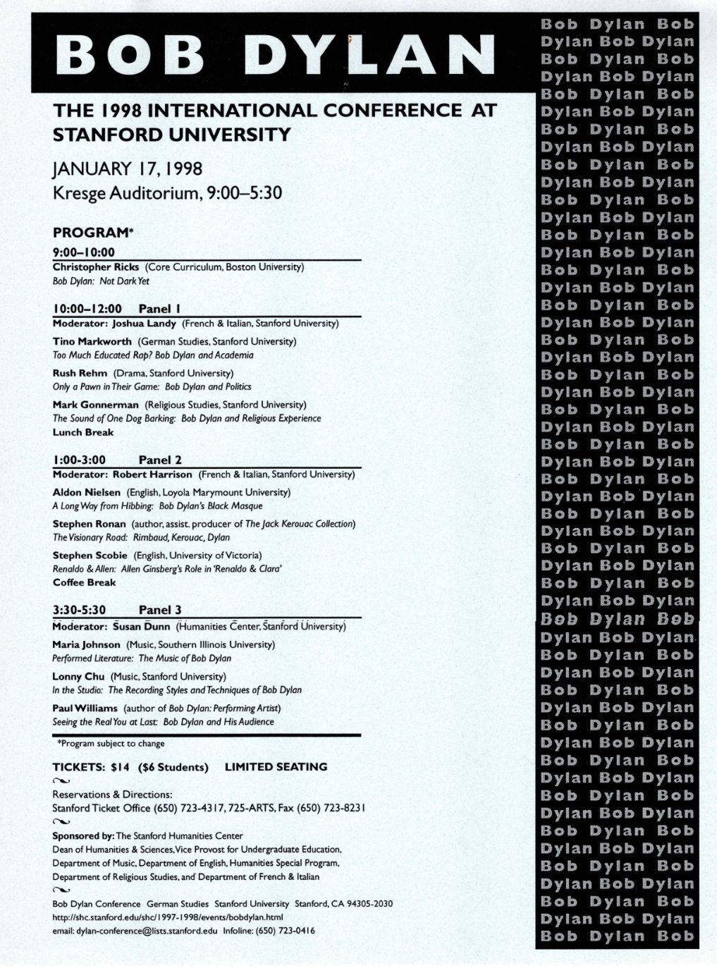 INTERNATIONAL BOB DYLAN CONFERENCE, Stanford University 1998 programme
