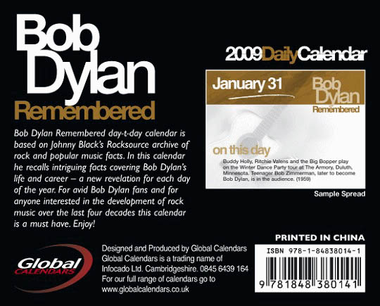 bob dylan 2009 remembered calendar back