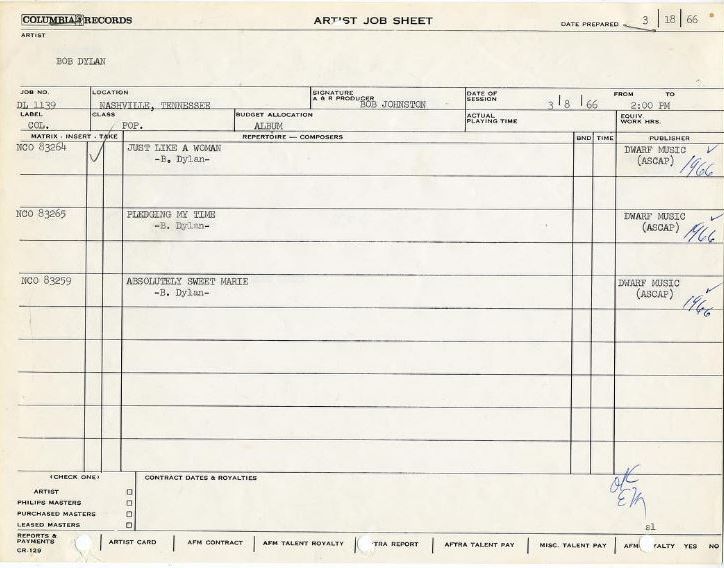 bob dylan artist job sheet 08 March 1966