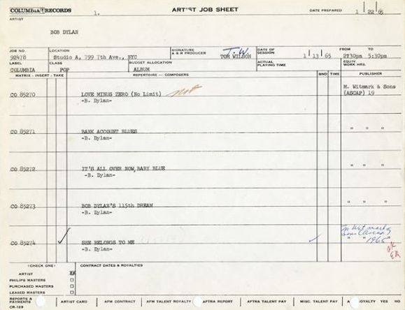 bob dylan artist job sheet 13-01-1965