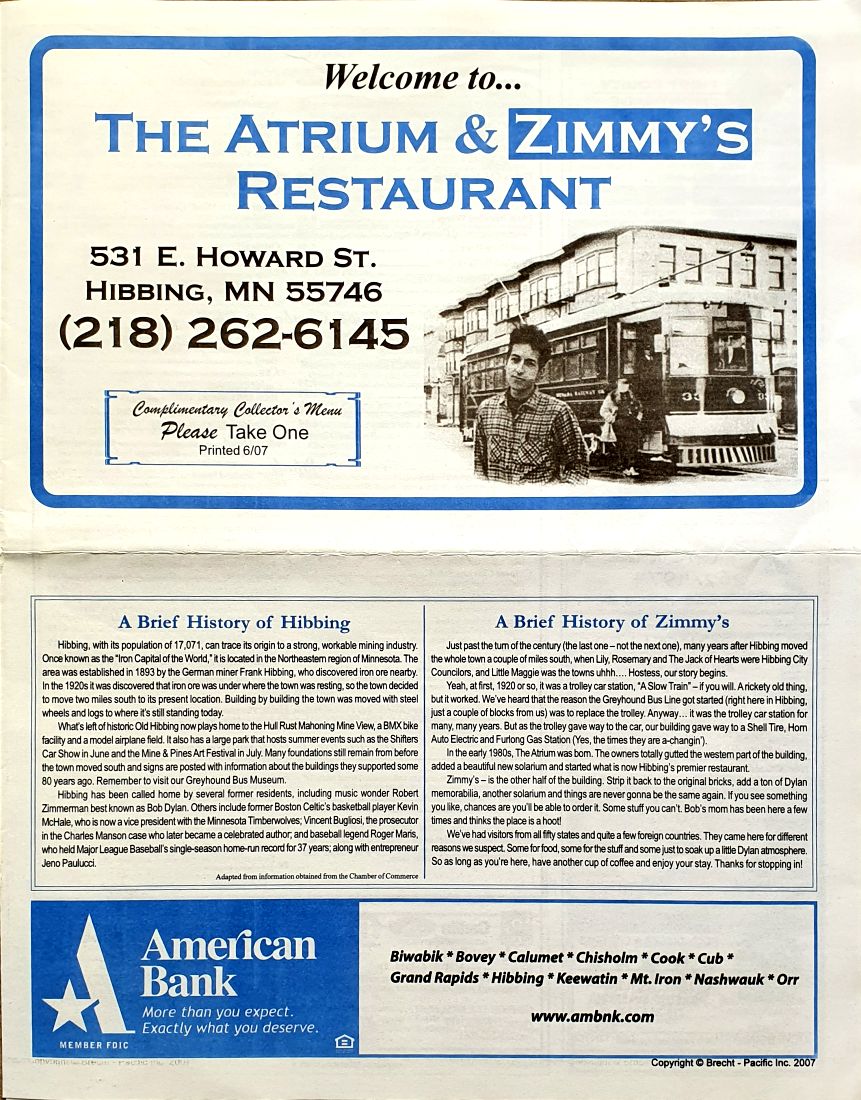 bob dylan zimmy's restaurant menu