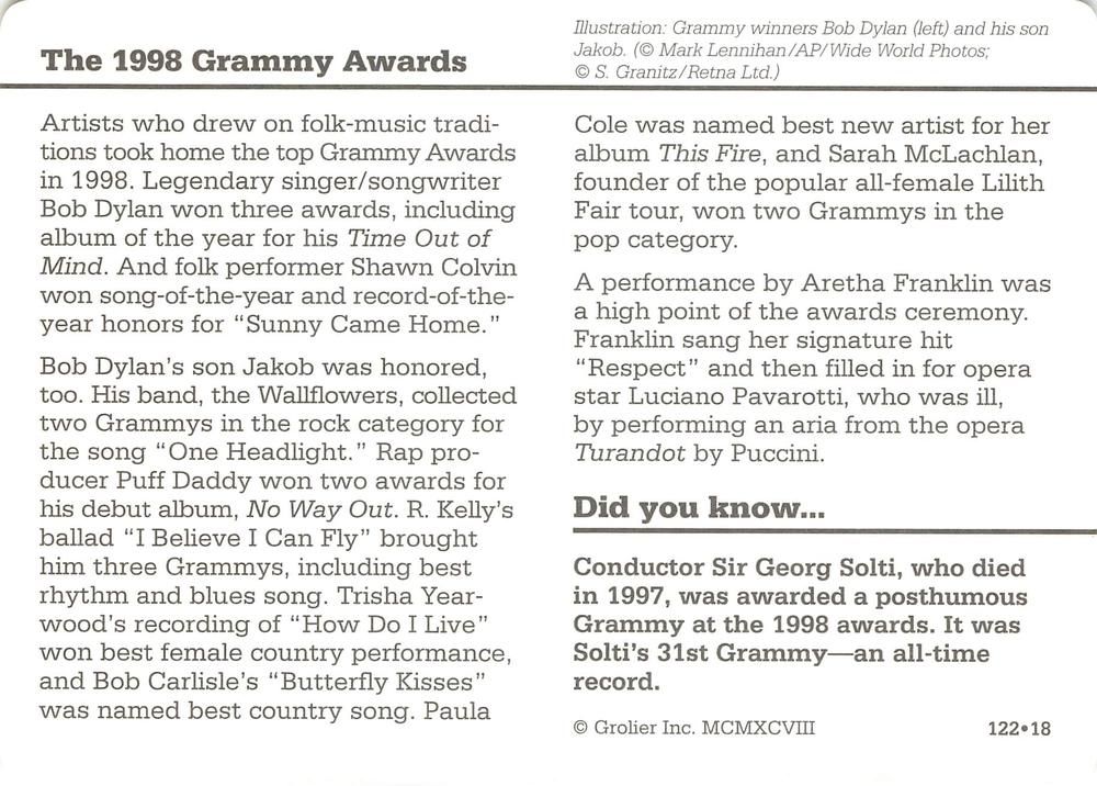 bob dylan 1998 Grammy Awards trading cards grolier
