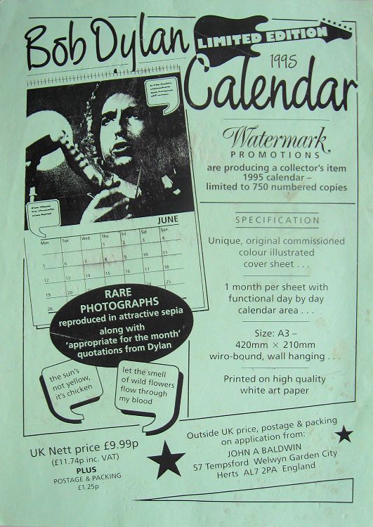 bob dylan 1995 calendar leaflet green