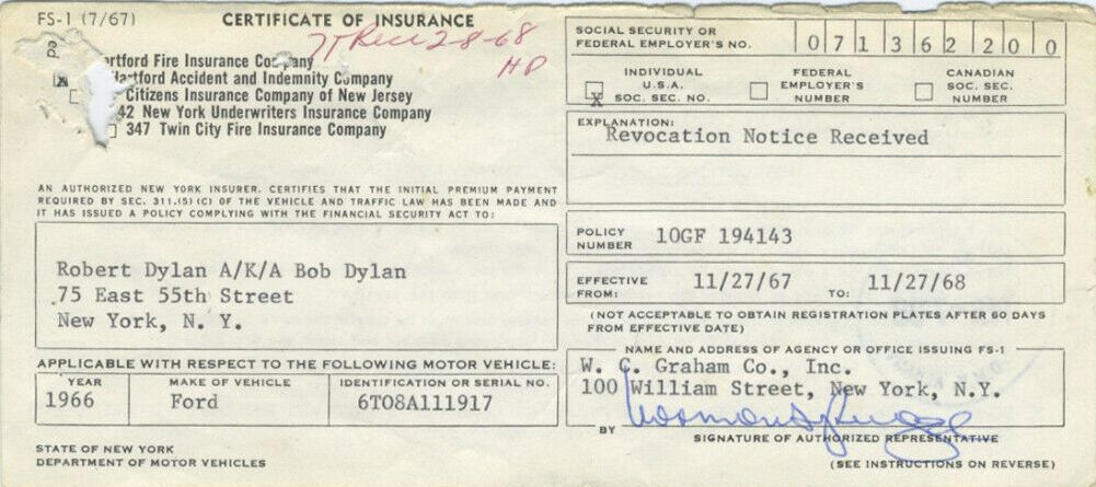 BOB DYLAN'S CERTIFICATE OF INSURANCE 1966