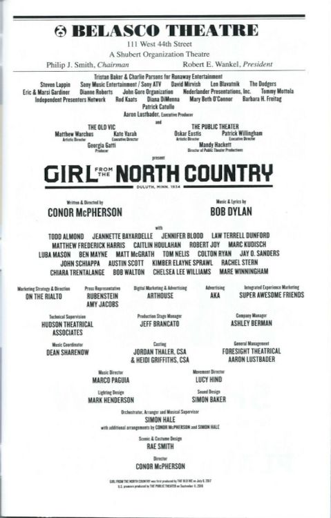 Bob Dylan Belasco theater Girl From The North Country programme 2