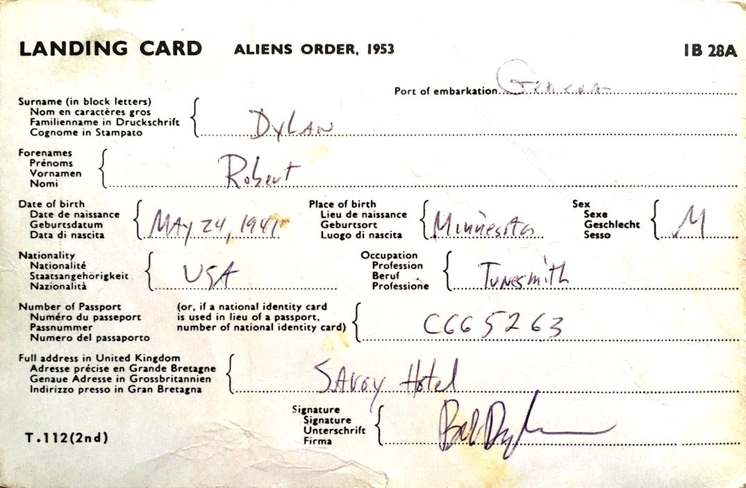 bob dylan landing card 1965