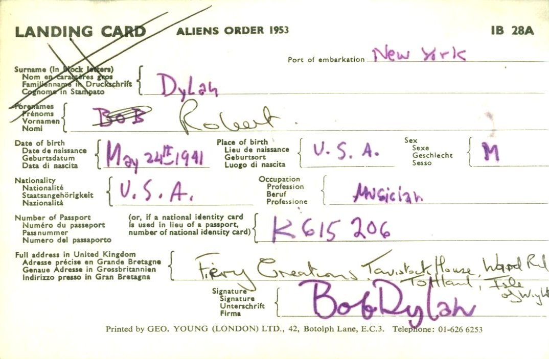 bob dylan landing card 1969