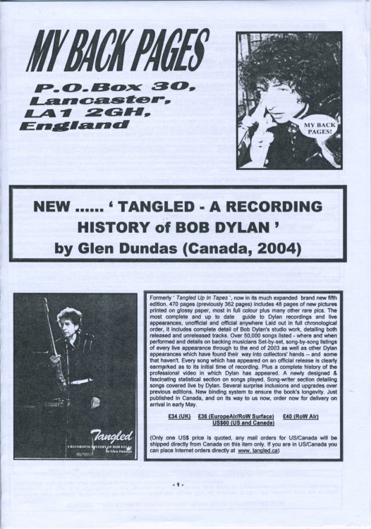 bob dylan My Back Pages catalogue 1986