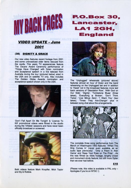 bob dylan My Back Pages catalogue june 2001
