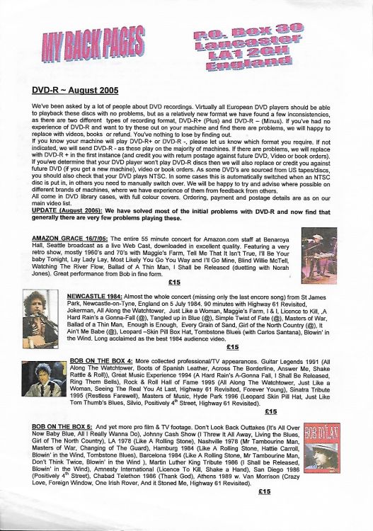 bob dylan My Back Pages catalogue august 2005
