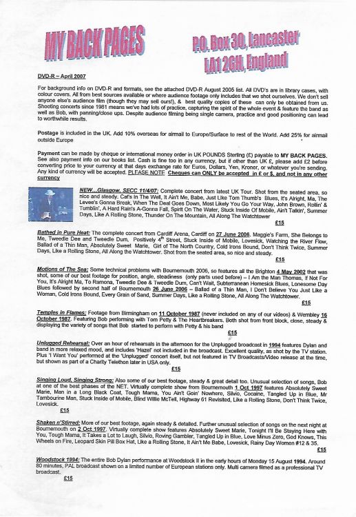 bob dylan My Back Pages catalogue apr 2007