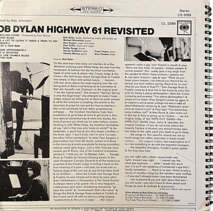 bob dylan  highway 61 original back notebook