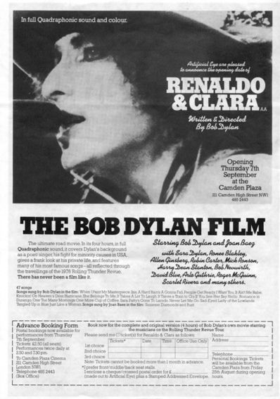 bob dylan Renaldo and Clara film flyer camden plaza 1978