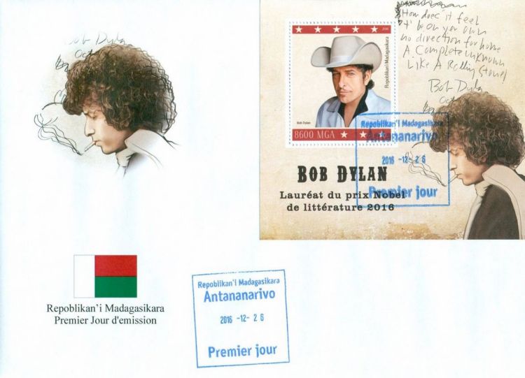 bob dylan Madagascar 2016, 'Lauréat du Prix Nobel de Littérature 2016' stamp