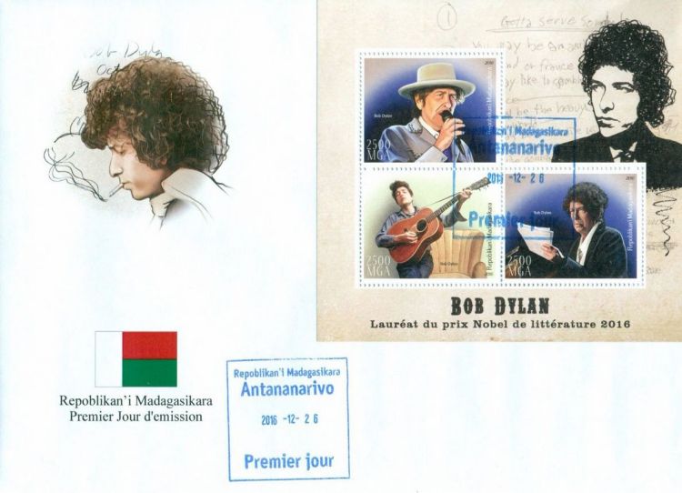 bob dylan Madagascar 2016, 'Lauréat du Prix Nobel de Littérature 2016' stamp