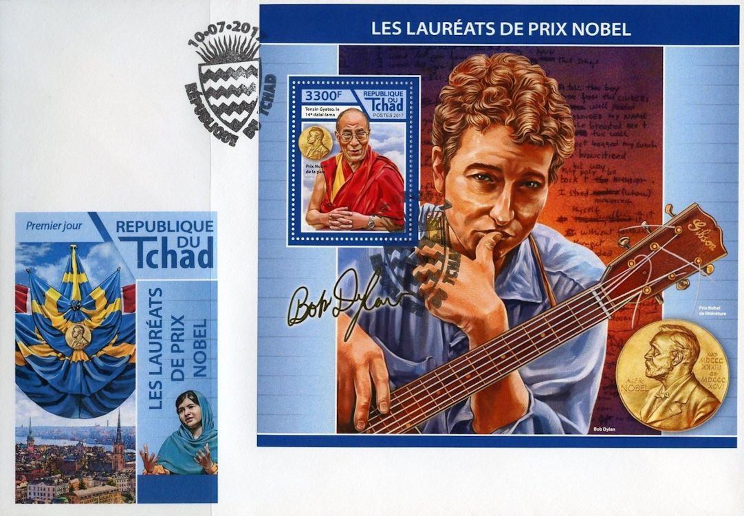 bob dylan République du Tchad 'Prix Nobel 2016' stamp