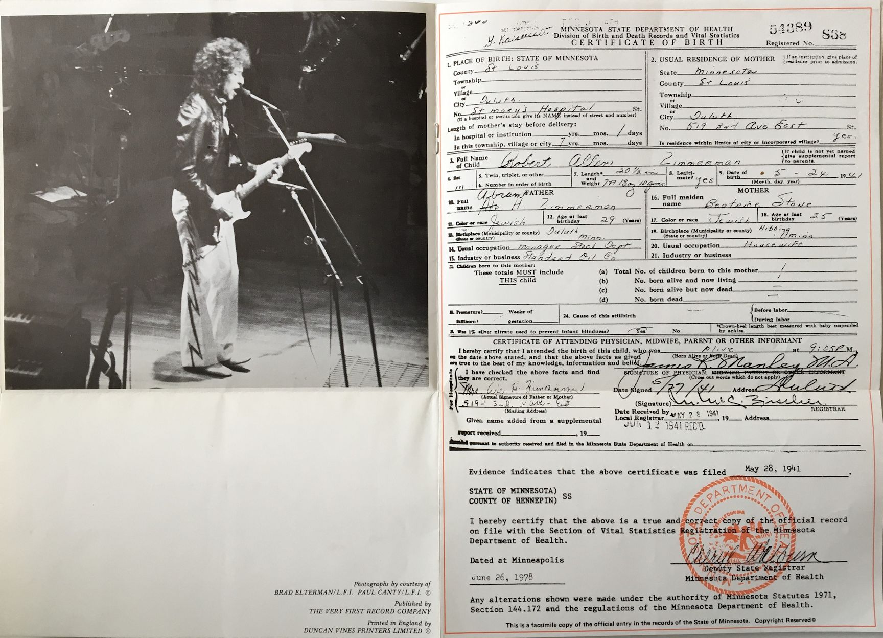 Bob Dylan birth certificate