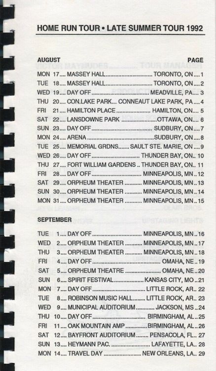 tour itineraries late summer 1992 bob dylan page 1