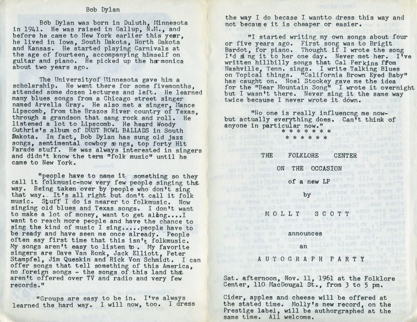 Bob Dylan 1961 folklore center nyc Programme