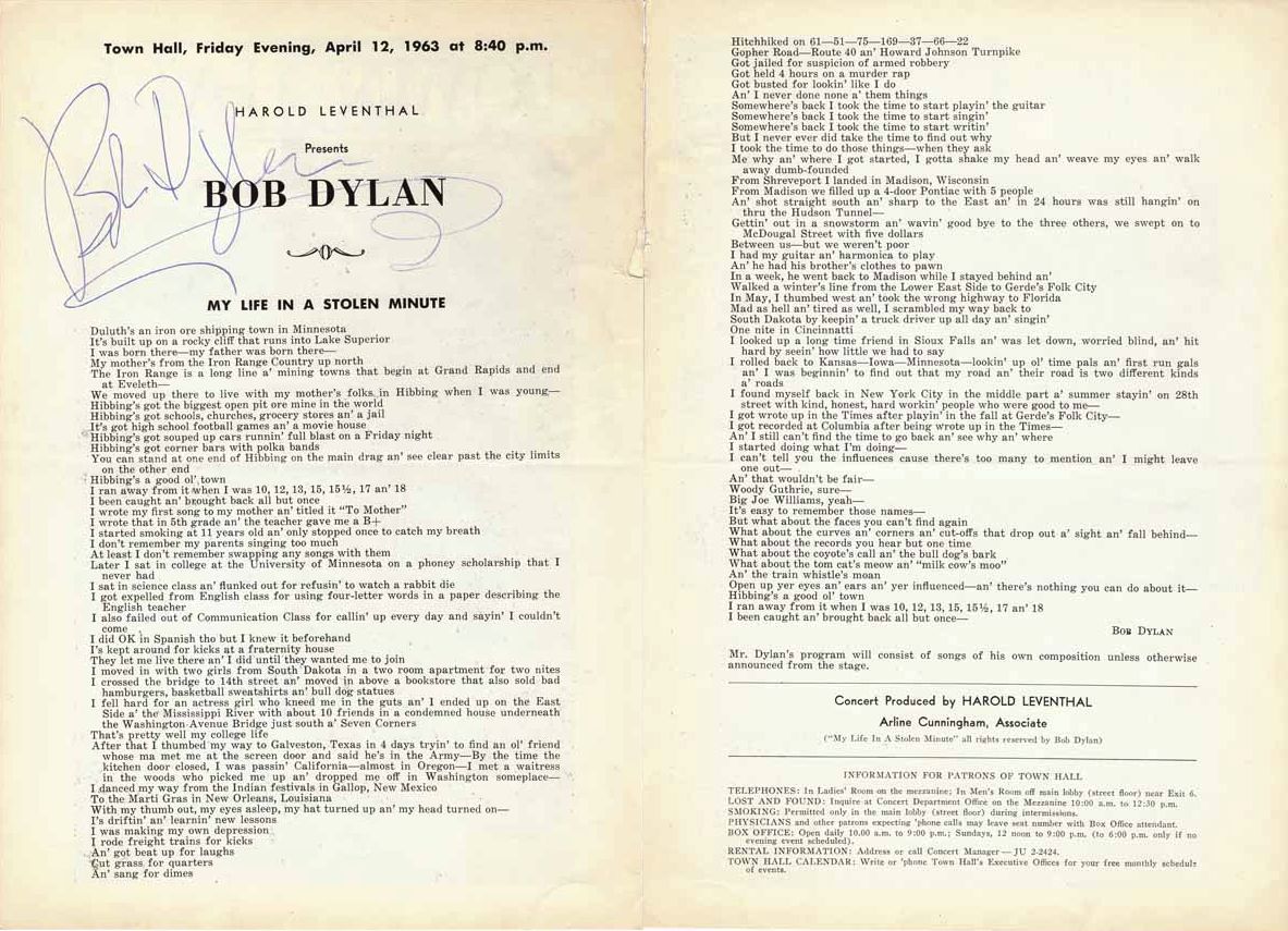 new york bob dylan town hall 1963 programme