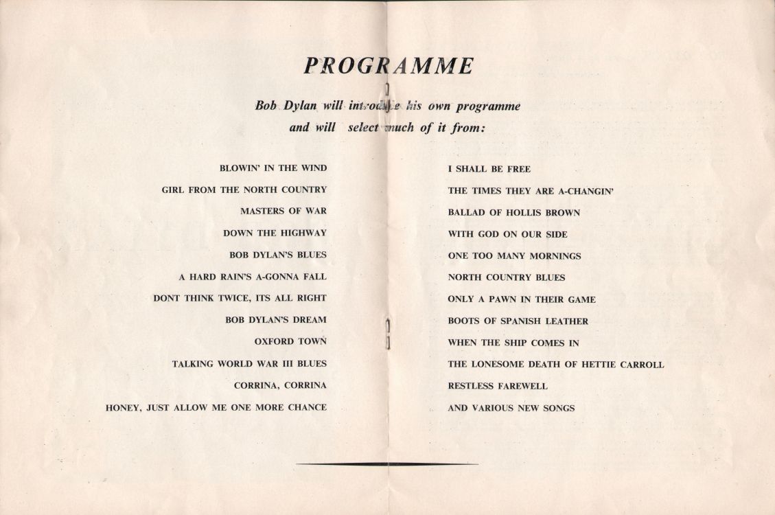 royal festival hall 17 May 1964 Bob Dylan Programme inside page 1