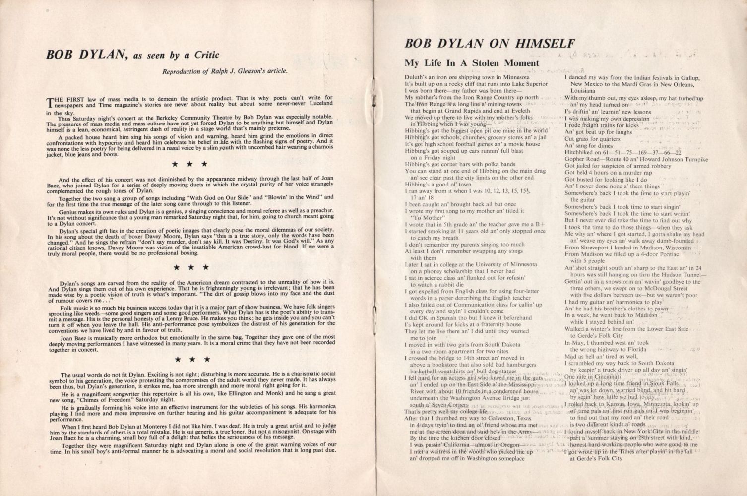 royal festival hall 17 May 1964 Bob Dylan Programme inside page 2