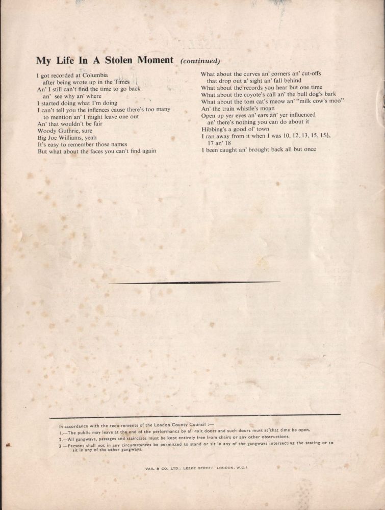 royal festival hall 17 May 1964 Bob Dylan Programme inside page 3