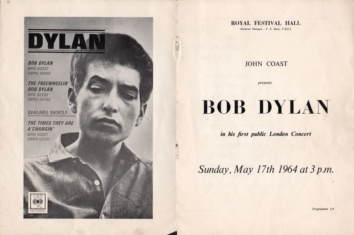 royal festival hall 17 May 1964 Bob Dylan Programme front and back