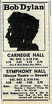 Bob Dylan 1965 10 01 nyc carnegie hall flyer