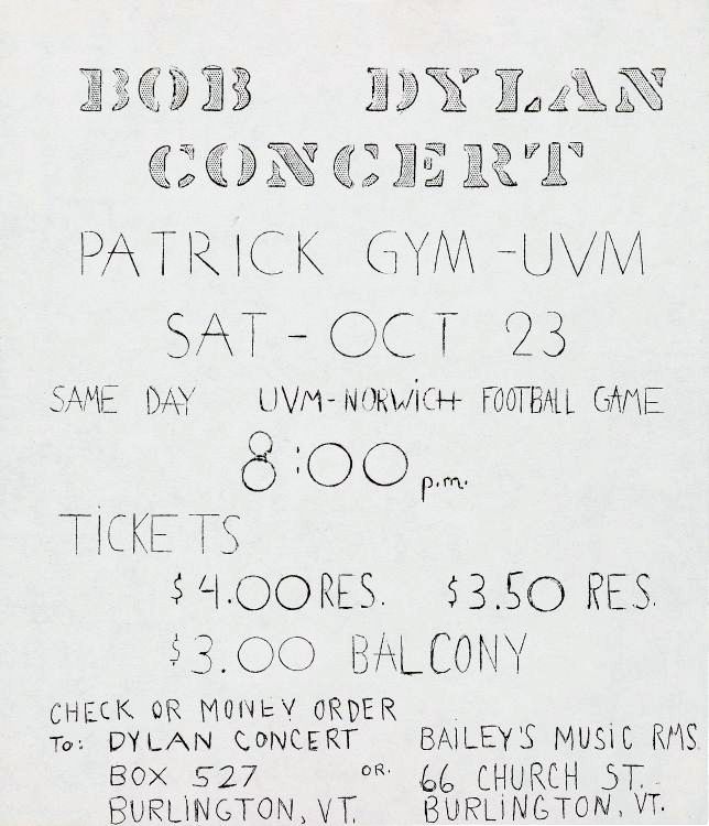 BURLINGTON, Vermont, 23 October 1965 Bob Dylan handbill