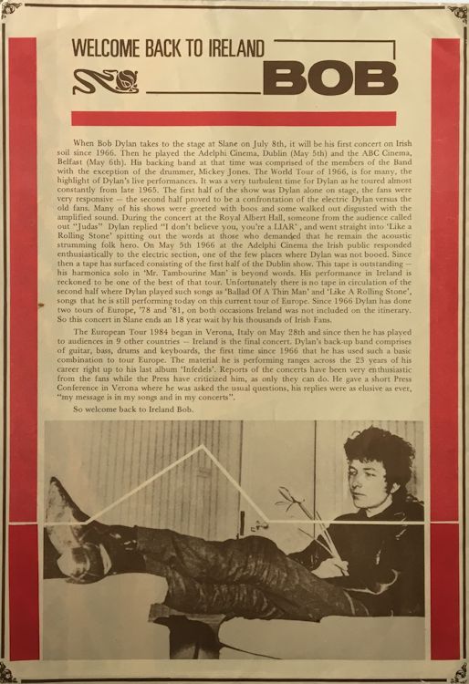 Bob Dylan slane 1984 Programme #1 inside