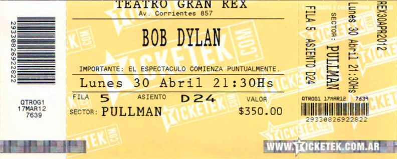 Bob Dylan buenos aires 2012 ticket